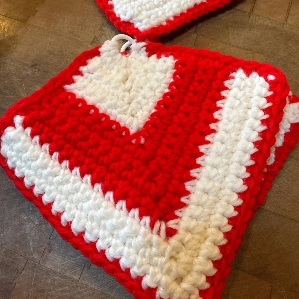 Handmade Red & White Crochet Pot Holders - Set of 3